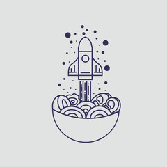 Rocketing Japanese Ramen Illustrated in Monoline Style Soaring to Space