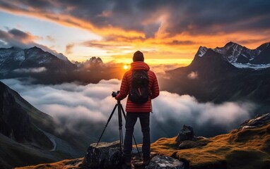 Photographer takes a picture of sunset in the mountains. generative ai - obrazy, fototapety, plakaty