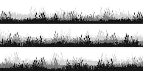 Meadow silhouettes with grass, plants on plain. Panoramic summer lawn landscape with herbs, various weeds. Herbal border, frame. Nature background. Black horizontal banner. Vector illustration