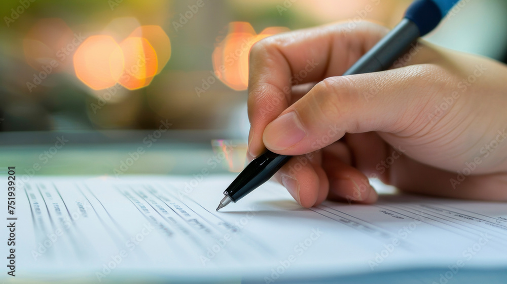 Aufkleber a persons hand holding a pen filling out a form with medical information that will be used as data f