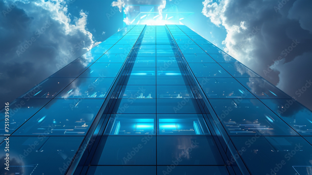 Poster the front view of a futuristic skyscraper dominates the image with multiple floors highlighted in di