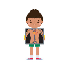 cute cartoon african american child with x-ray screen showing internal organs and skeleton. x ray check bones kid, Element of infographics for kid Vector illustration isolated on white background