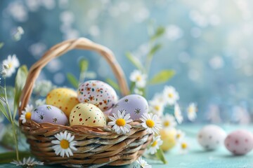 Fototapeta na wymiar Easter eggs in a basket with flowers