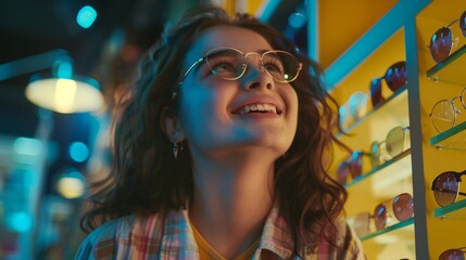 Smiling girl trying on glasses in store generative ai
