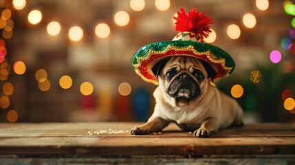Fiesta Pup: Pug in Sombrero with Festive Backdrop Pet in holiday costume, Festive pug portrait, Warm bokeh lighting