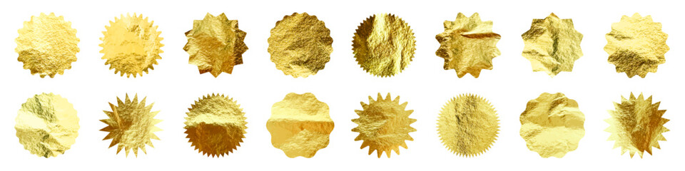 Naklejka premium Golden stars, sunburst symbols. Shiny gold foil. Vintage sunbeam symbols. Shopping labels, sale or discount sticker, quality mark. Special offer price tag, promotional badge. Vector illustration