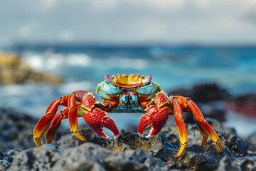 Sally Lightfoot crab on Rocky Shore with Ocean Background . generated AI