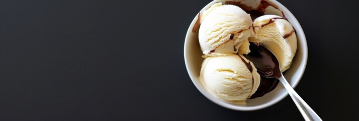 Natural Vanilla Bean Ice Cream with Chocolate Sauce in Bowl with Spoon - Generative AI

