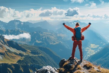 Traveler on mountain top overlooking a mountain range