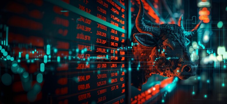 Financial markets stock trading background showing a bull market, business analytic technology, data dashboard concepts. Generative AI - Powered by Adobe