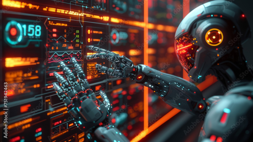 Poster a digital illustration featuring a futuristic robot hand holding a glowing investment and roi graph 