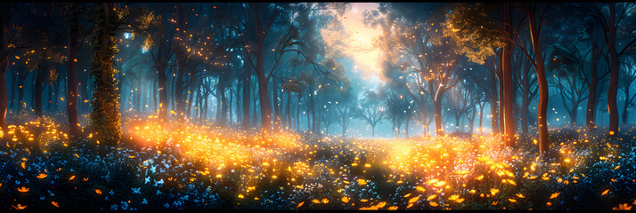  Fantasy illustration of magical fairy tale forest ,
Magical forest with christmas trees and glowing lights 