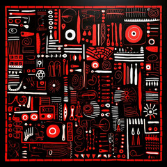 a black background with various shapes in red, in the style of grid-shaped structures, black and white image, rectangular fields, fun visual puzzles, 1:1.