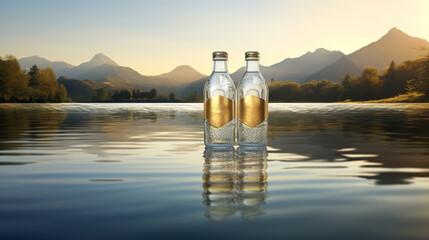 Serene Lake Scene with Floating Designer Water Bottles