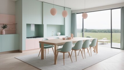 Scandinavian, minimalist interior design in the style of beautiful interiors, pastel colour palette