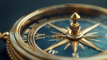 Golden navigational compass symbolizing precise direction and exploration - obrazy, fototapety, plakaty