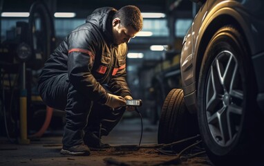 car repair in workshop. A mechanic checks tire pressure. generative ai - obrazy, fototapety, plakaty