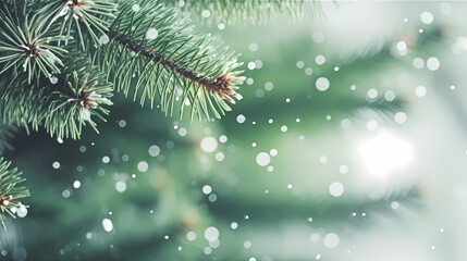 Close-up of festive Christmas tree branches with bright lights and decorations on blurred background