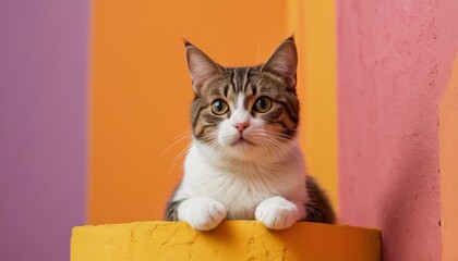 A striped cat poking its head with curiosity against a color background