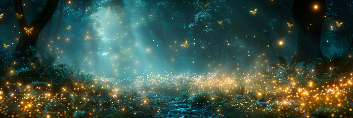  Magical night forest green fireflies fairytale bush,
Luminous Fireflies in a Twilight Cemetery Ethereal - obrazy, fototapety, plakaty
