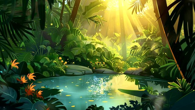 Tropical forest with a pool of calm water at sunrise. seamless looping 4k time-lapse animation background