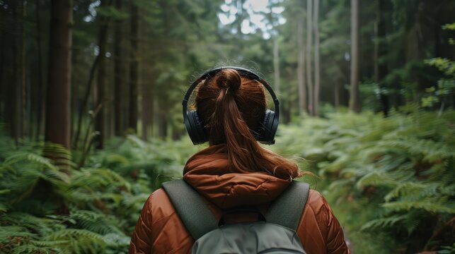 woman exploring a forest trail with headphones on generative ai