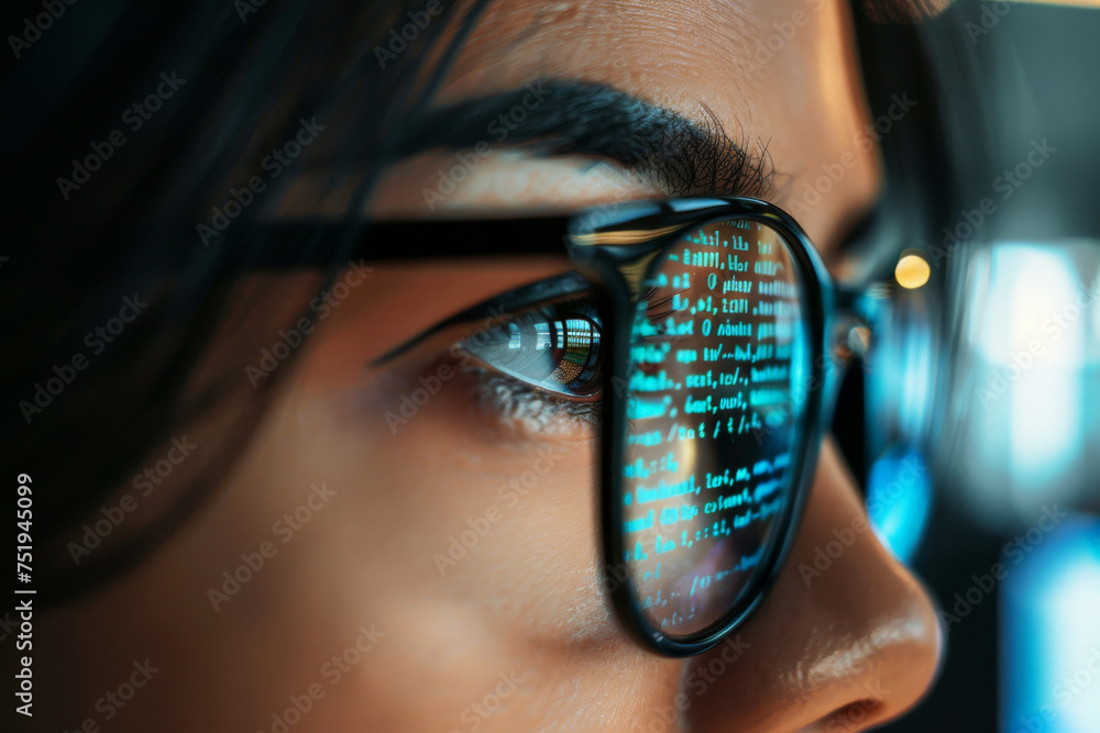 Poster woman wear glasses looking code projected on face and reflecting. software developer working on inno