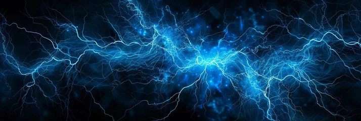 Poster And intricate network of intense, glowing blue electricity arcing through a pitch-black space, resembling a scientific illustration of plasma © Lidok_L
