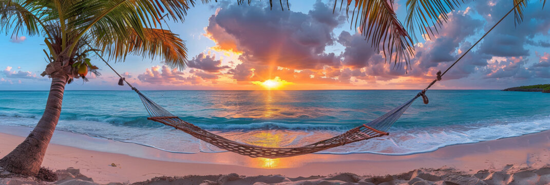 A hammock is hanging from a palm tree on a sandy beach, swaying gently in the breeze. The scene captures a relaxing moment by the ocean, inviting viewers to imagine themselves lounging in the shade