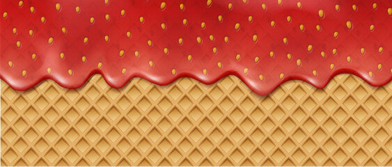 3d realistic vector icon illustration. Liquid strawberry waffle  texture pattern.  - obrazy, fototapety, plakaty