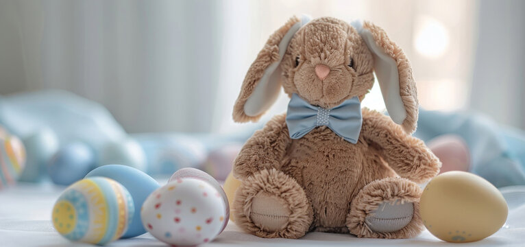 A photo featuring a plush brown bunny toy with long ears sitting in front of a row of colorful painted eggs. The bunny appears cute and fluffy against the vibrant backdrop of the eggs