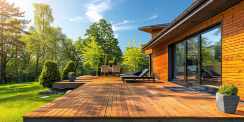 A photo capturing a wooden deck with chairs and a table set up on it. The deck is bathed in sunlight, extending from a rustic building