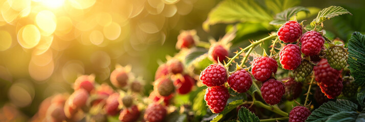 A photo capturing ripe raspberries growing on a bush with the sun shining in the background. The...