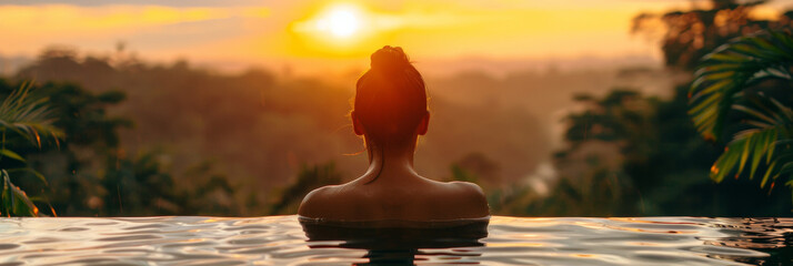 A woman is sitting in a pool as the sun sets in the background. She is relaxed and enjoying the peaceful atmosphere created by the beautiful sunset