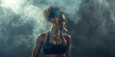 A photo capturing a strong woman wearing a sports bra while smoking a cigarette. The image depicts a contradictory scene of health and unhealthy habits - obrazy, fototapety, plakaty