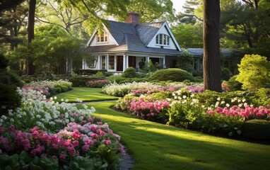 Fototapeta na wymiar The Manicured Home and Gardens feature annual and perennial gardens that bloom in the summer.