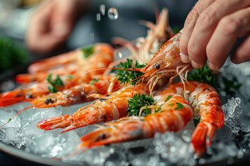 A hand grabbing a pink shrimp from a pile on the table, food culinary