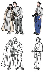 Set of people. Taking pictures at a wedding. White background. Wedding. Hand drawn. Color illustration.