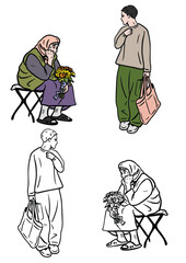 Set of people. People in the city. White background. Young people's lifestyle Hand Painted color illustration