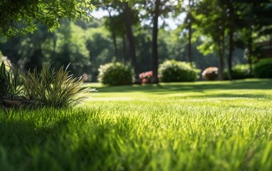 grassy lawn on a sunny summer day in the home garden