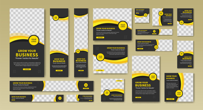 Modern yellow and black website ad templates for business growth, social media cover ads banner, flyer, invitation card