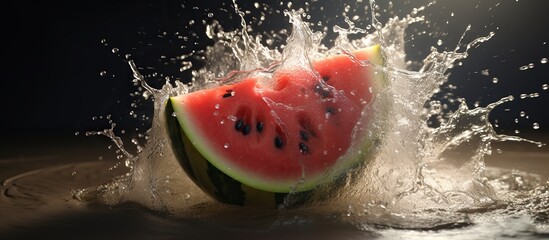 Watermelon slices with splashes of water on a black background