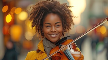 a beautiful african woman plays the violin in an epic orchestra against the backdrop of a city...