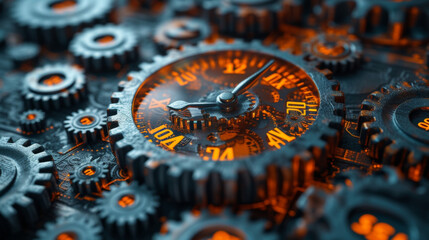 An abstract representation of a clock is shown with gears and cogs made of different taxrelated symbols dollar signs percentages etc.. The clock hands are divided into different