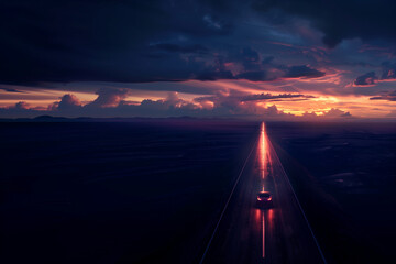 A car rides over the horizon to the light from the dark