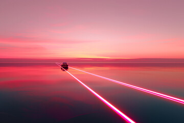 A car riding over the horizon along the neon light for background image