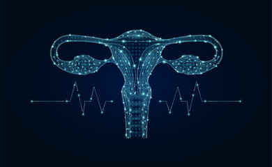 Electronic female uterus and pulse wave glowing between connecting lines. Human organ microchip data circuit code. Medical science of technology futuristic digital innovative health care. Vector.