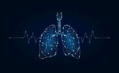 Electronic lung and pulse wave glowing between connecting lines. Human organ microchip data circuit code. Medical science of technology futuristic digital innovative health care. Vector EPS10.
