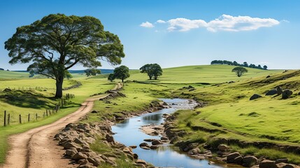 Panoramic view of a small stream in the middle of a lush green meadow