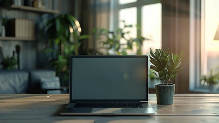 Sleek laptop on a wooden desk surrounded by vibrant houseplants in sunlight